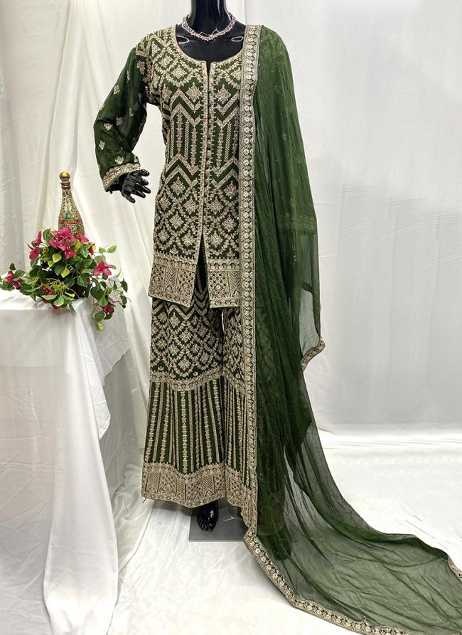 Chiffon Olive Green Traditional Wear Hand Work Readymade Plazzo Suit